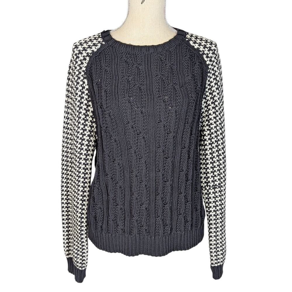 Miss Wu Mixed Knit Sweater Black & Ivory Houndstooth Cable Knit Size XL